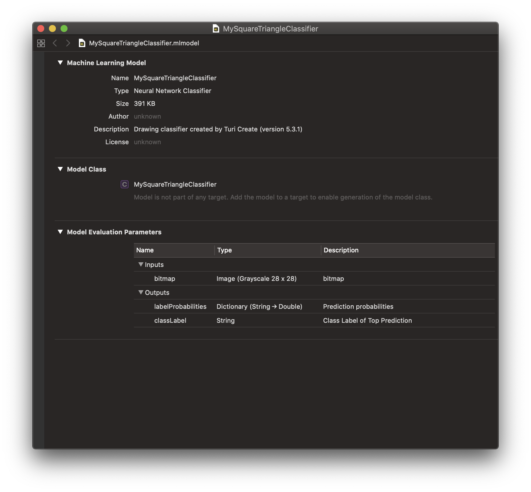 Xcode view of MySquareTriangleClassifier.mlmodel