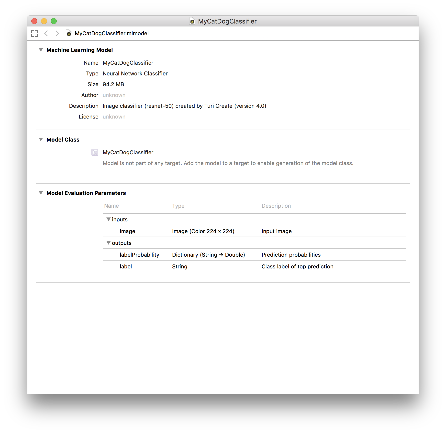 Image classifier model in Xcode