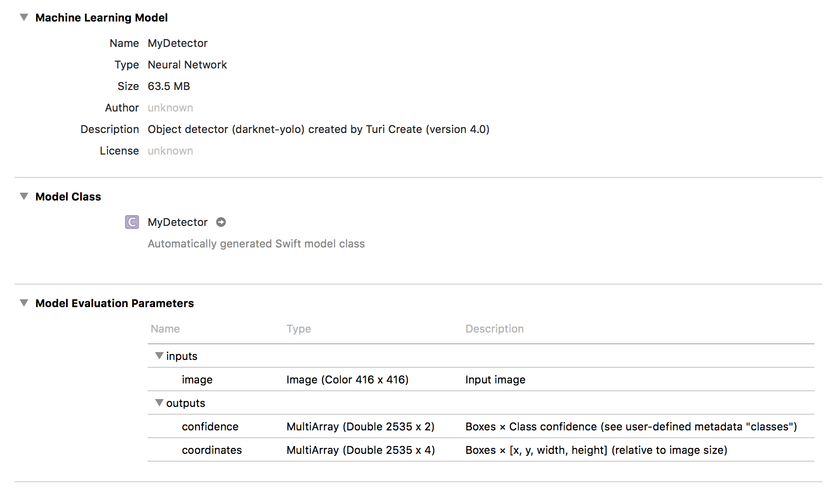 Xcode view of MyDetector.mlmodel