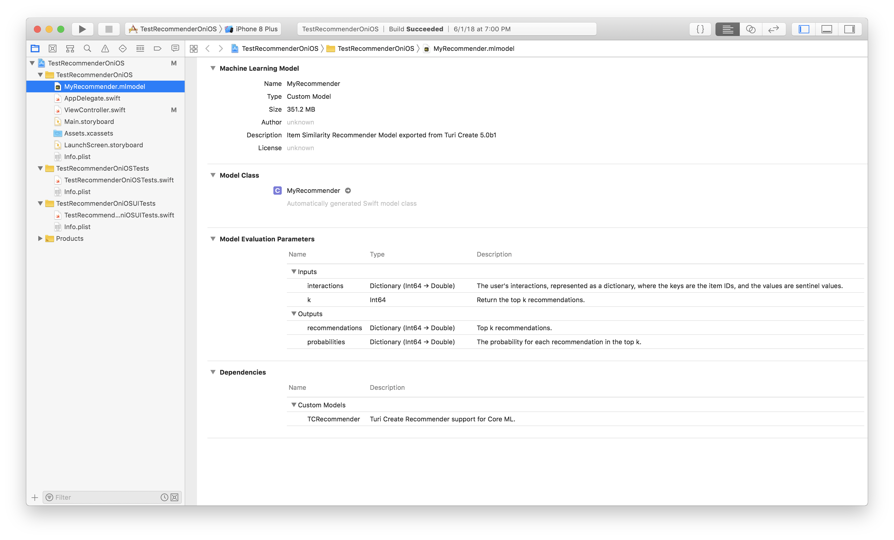 Core ML Model Screenshot in Xcode