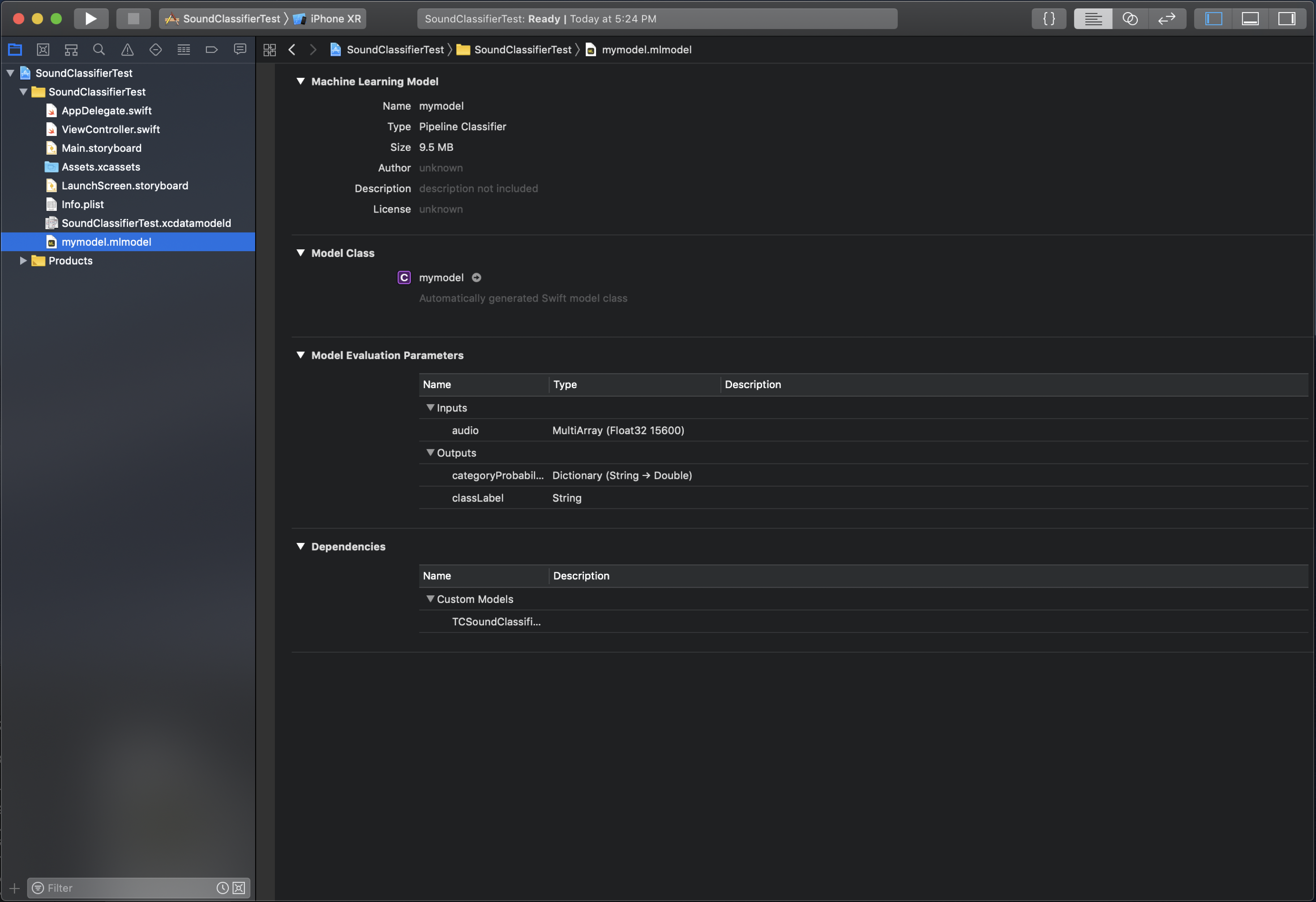 Xcode ML Model Screen Shot