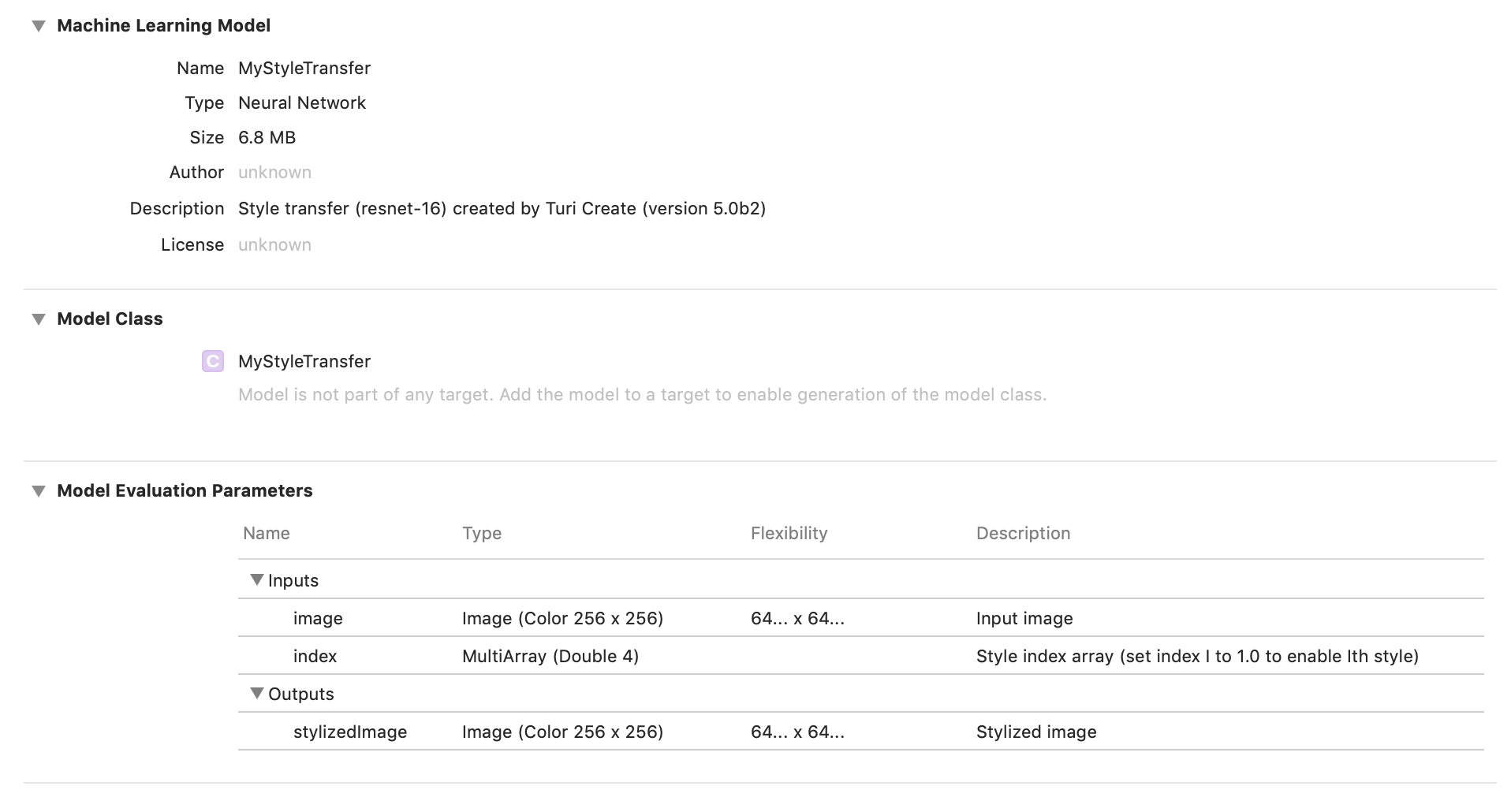 Xcode view of MyStyleTransfer.mlmodel